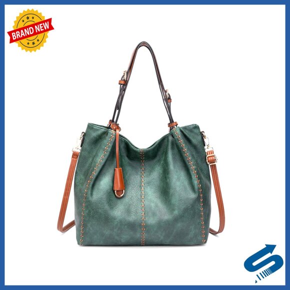 Handbags - Soft Leather Hobo Shoulder Bag Tote with Rivet Detail Structured Purse